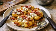 Patate schiacciate con gorgonzola e speck: croccanti fuori, morbide dentro